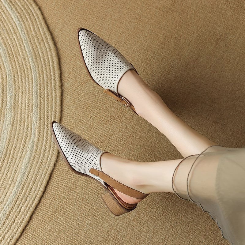 Damen Spitz zulaufende Slipper mit Fersenriemen, perforiertem Obermaterial und bequemem Blockabsatz Drune