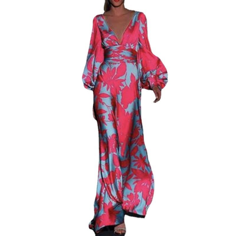Damen Maxikleid mit tiefem V-Ausschnitt und voluminösen Ärmeln Drune
