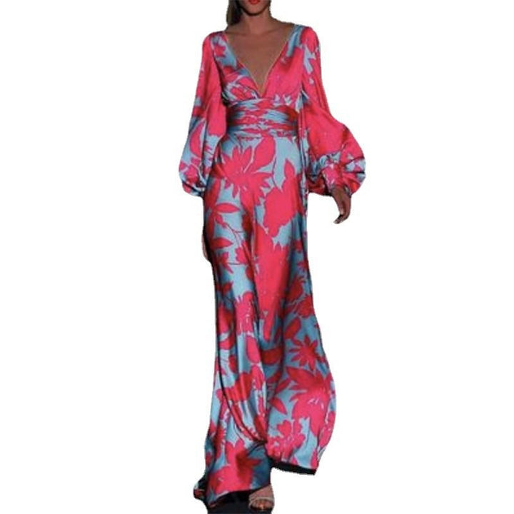 Damen Maxikleid mit tiefem V-Ausschnitt und voluminösen Ärmeln Drune