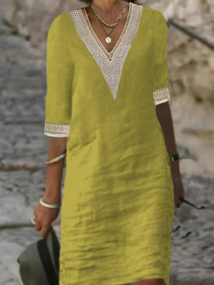 Damen Leinenlook Midi Kleid mit gehäkeltem V-Ausschnitt und 3/4 Ärmeln Drune