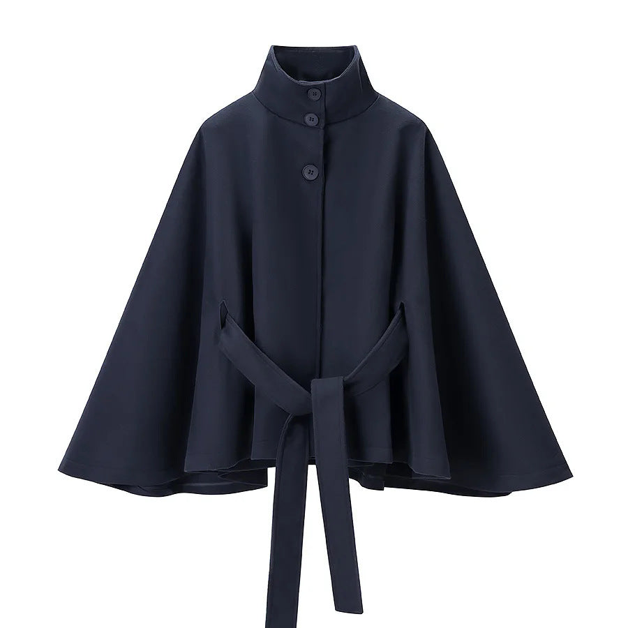 Damen nan tailliertes Cape mit Stehkragen, Knopfverschluss und Bindegürtel Drune