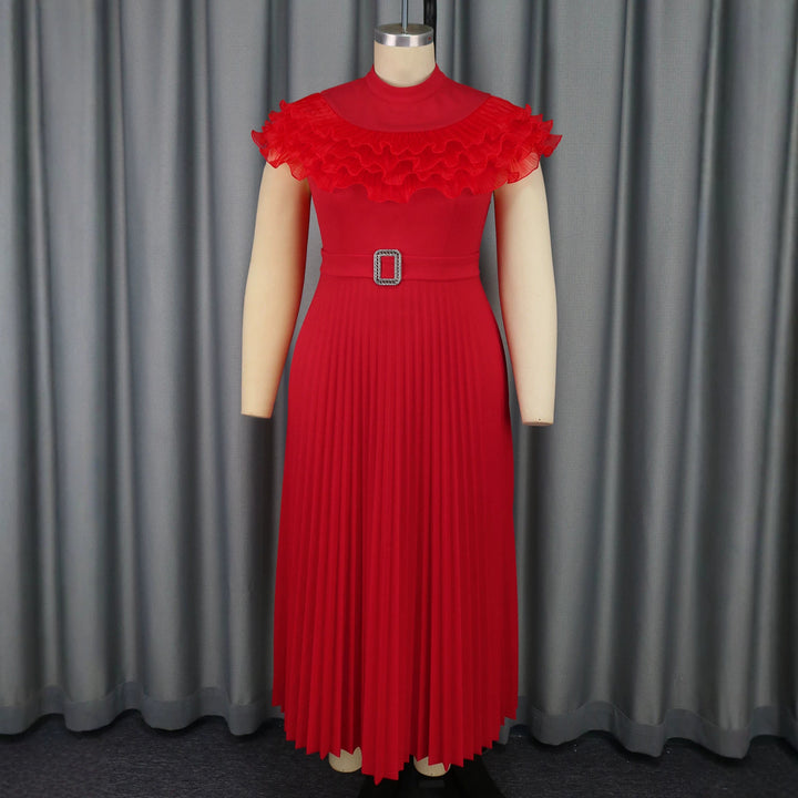 Damen plissiertes Abendkleid mit Volant-Ausschnitt und Taillengürtel Drune