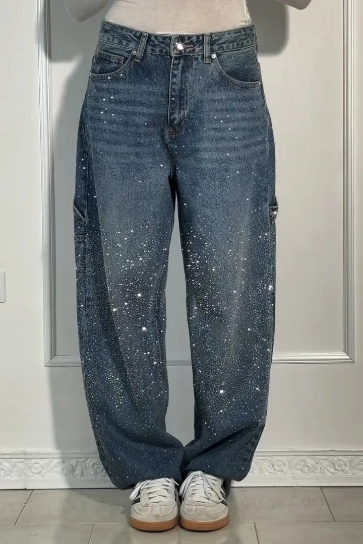 Damen High-Waist Jeans im weiten Cargo-Schnitt mit funkelndem Strassbesatz Drune