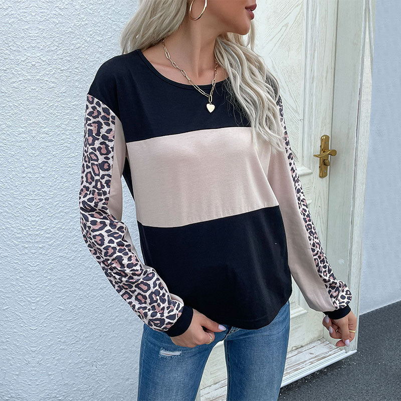 Damen Colorblock-Sweatshirt mit Leopardenärmeln und Rundhalsausschnitt Drune