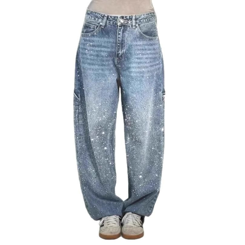 Damen High-Waist Jeans im weiten Cargo-Schnitt mit funkelndem Strassbesatz Drune