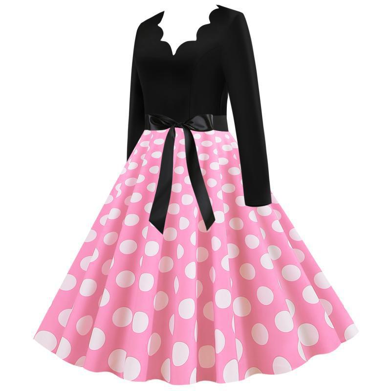 Damen Retro-Swingkleid mit langen Ärmeln tailliertem Oberteil gepunktetem Tellerrock und Schleifengürtel Drune
