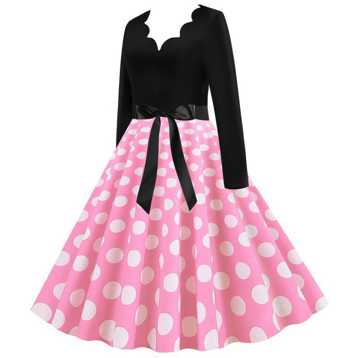 Damen Retro-Swingkleid mit langen Ärmeln tailliertem Oberteil gepunktetem Tellerrock und Schleifengürtel Drune