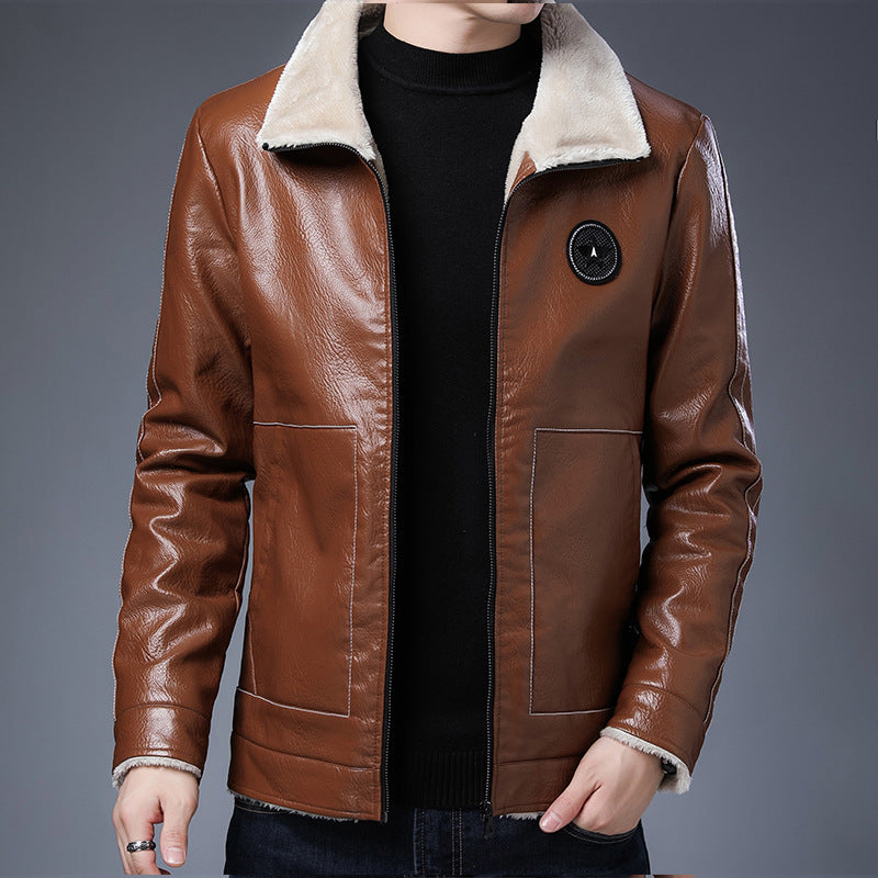 Herren Kunstleder‑Fliegerjacke mit durchgehendem Teddyfutter und Stehkragen Drune
