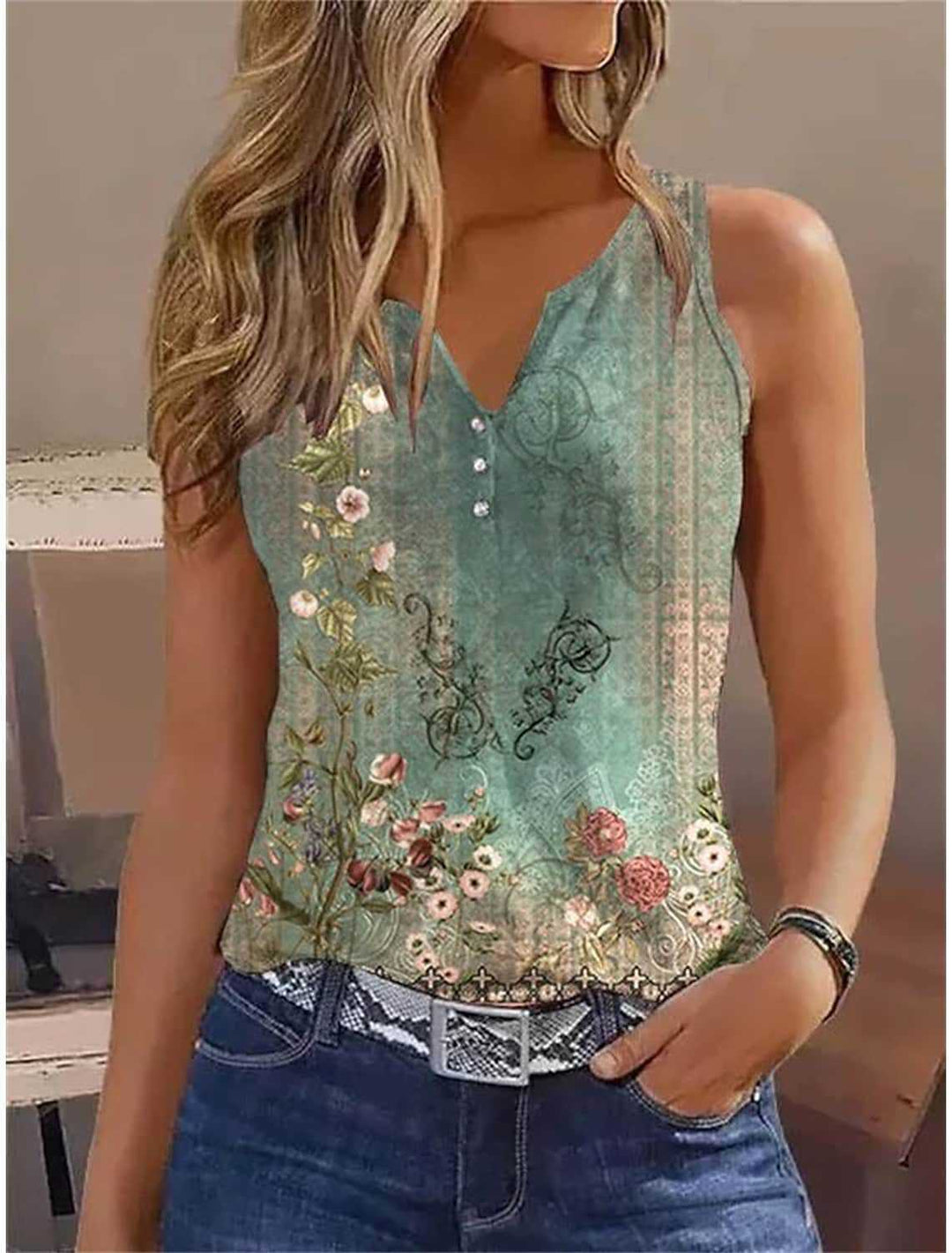 Damen ärmelloses Oberteil mit elegantem floralem Design und ausgefallenem V-Ausschnitt Drune