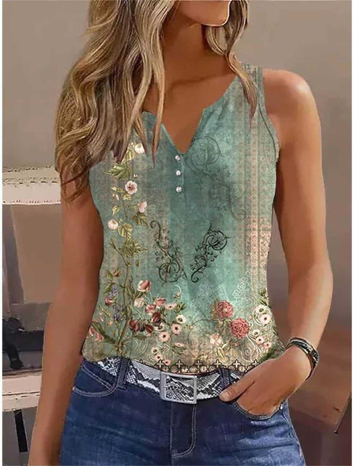 Damen ärmelloses Oberteil mit elegantem floralem Design und ausgefallenem V-Ausschnitt Drune