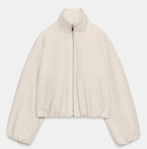 Damen Kurz geschnittene Bouclé‑Blousonjacke mit Stehkragen, elastischem Saum und Ballonärmeln Drune