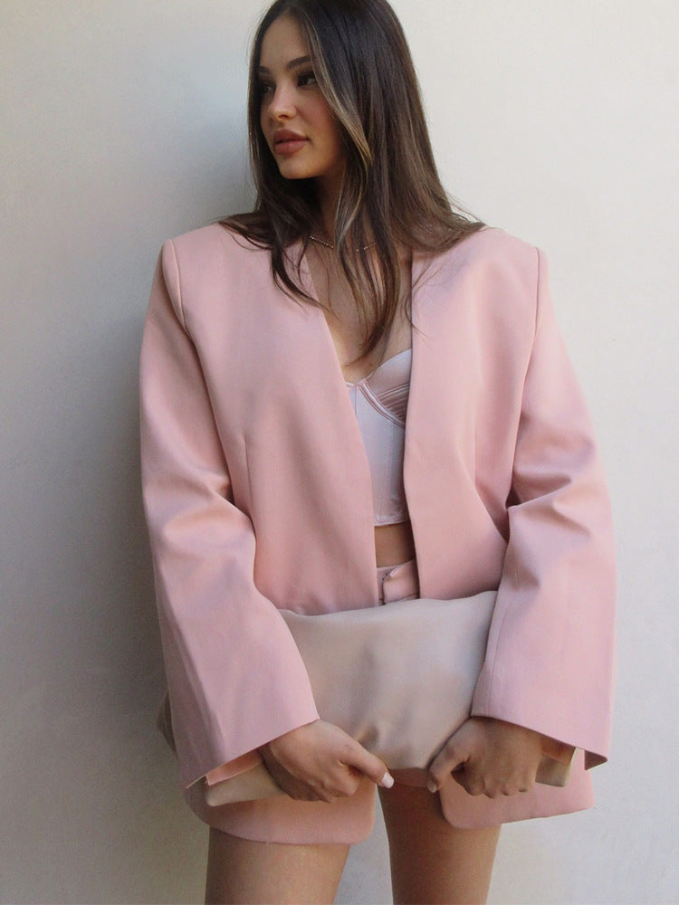 Damen Oversized Blazer-Set mit High-Waist Shorts und strukturierter Schulterpartie Drune