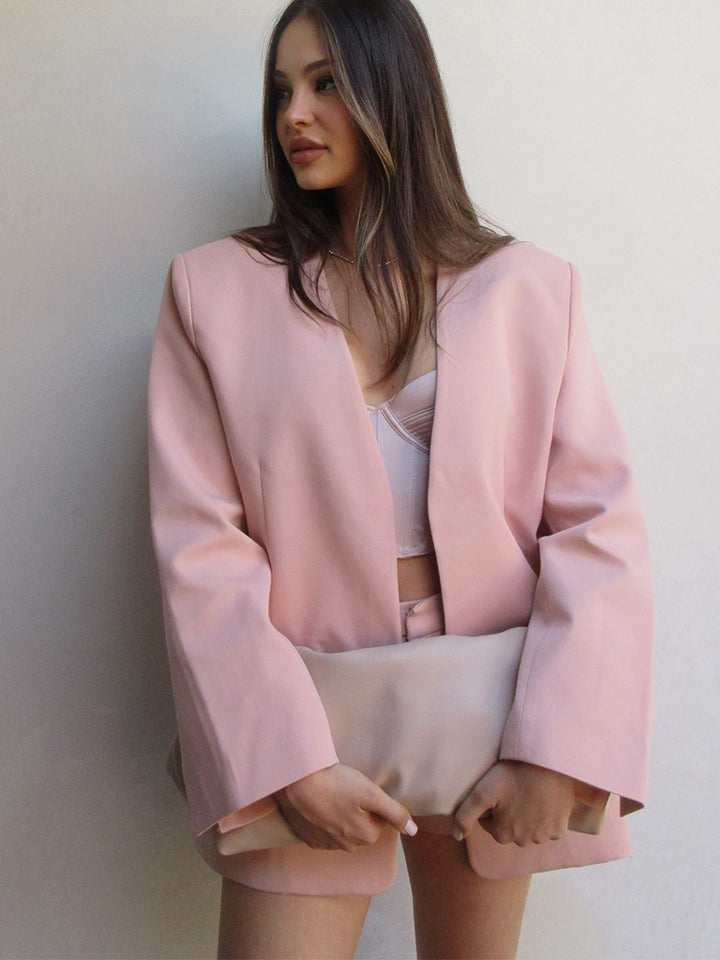 Damen Oversized Blazer-Set mit High-Waist Shorts und strukturierter Schulterpartie Drune