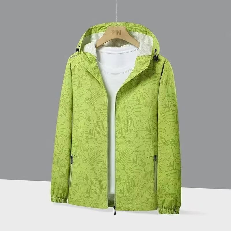 Damen Atmungsaktive Kapuzenjacke mit Trendigem Blätterdruck Drune
