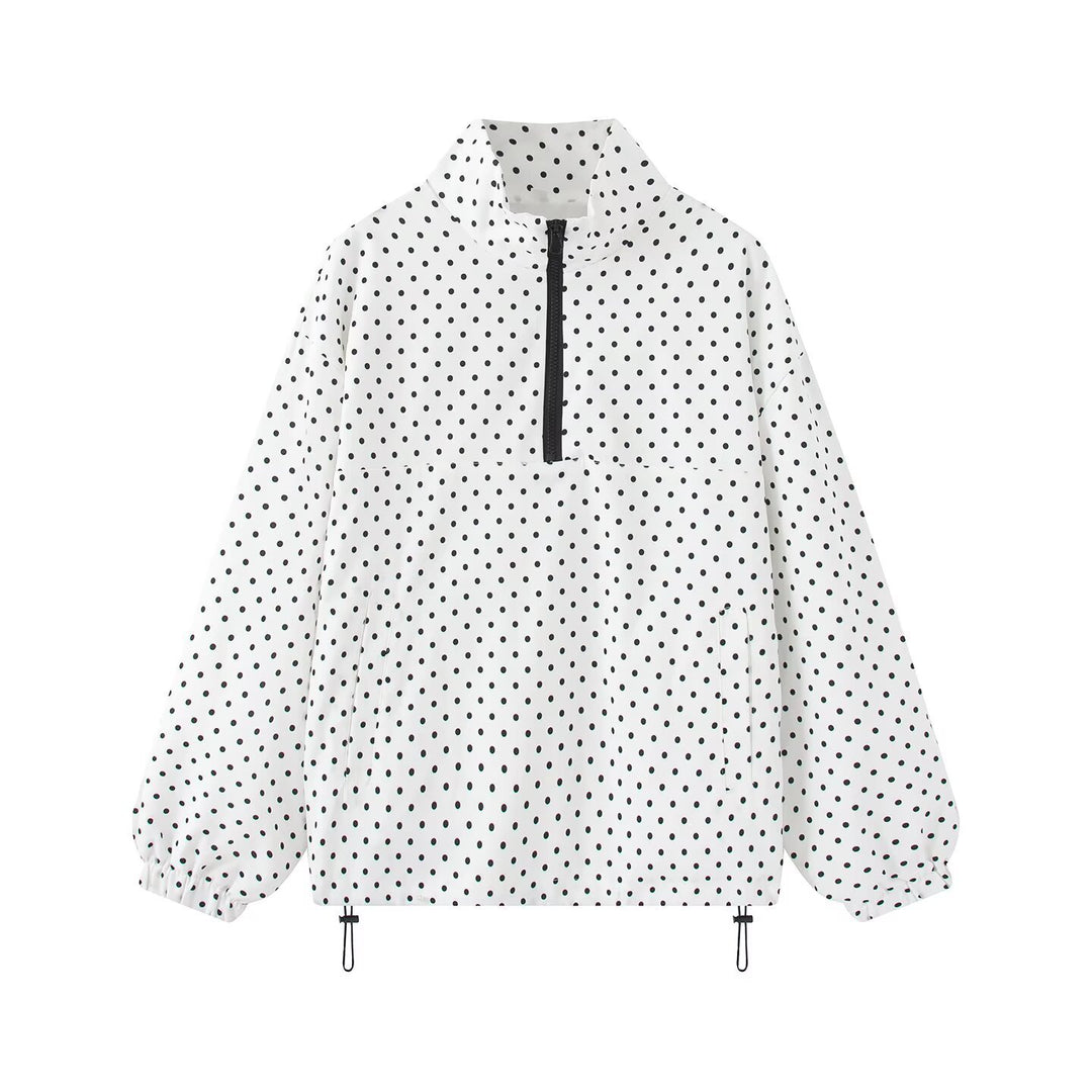 Damen Gepunkteter leichter Anorak mit Halbzip, Kängurutasche und Kordelzug Drune