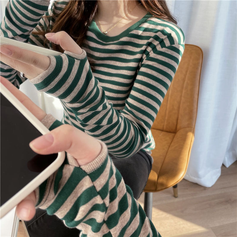 Damen lässiges Longsleeve-Shirt mit modischem Streifenmuster und Daumenlöchern Drune