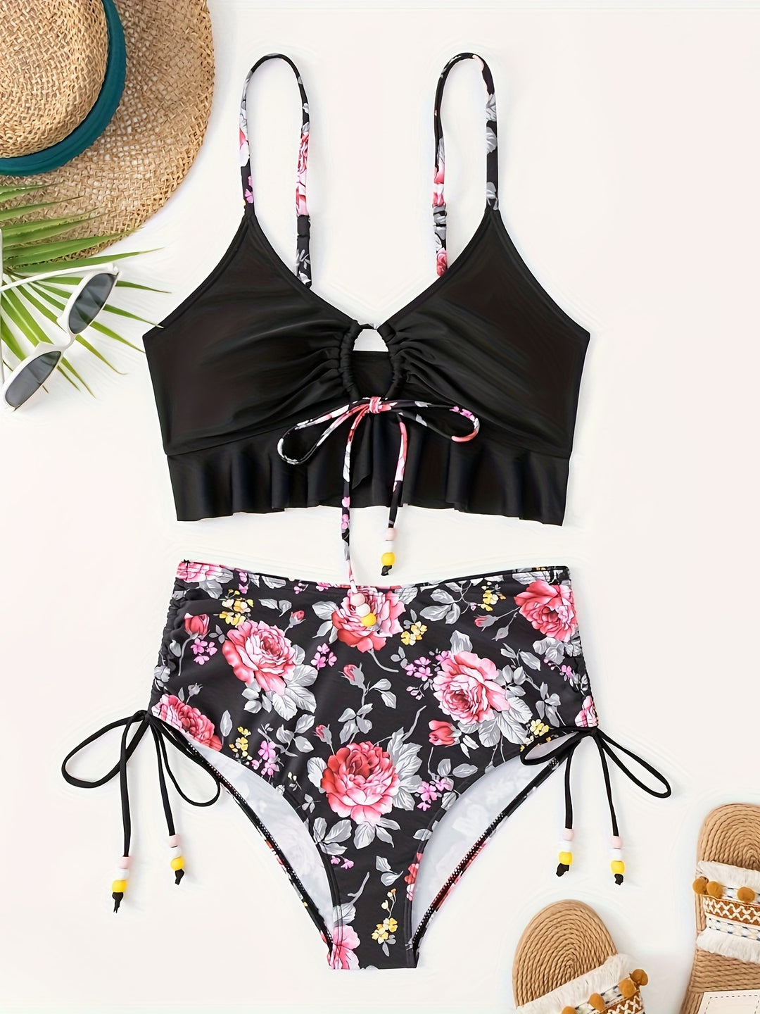 Damen Bikini-Set mit verspieltem Blumenmuster und seitlichem Bindeband Drune