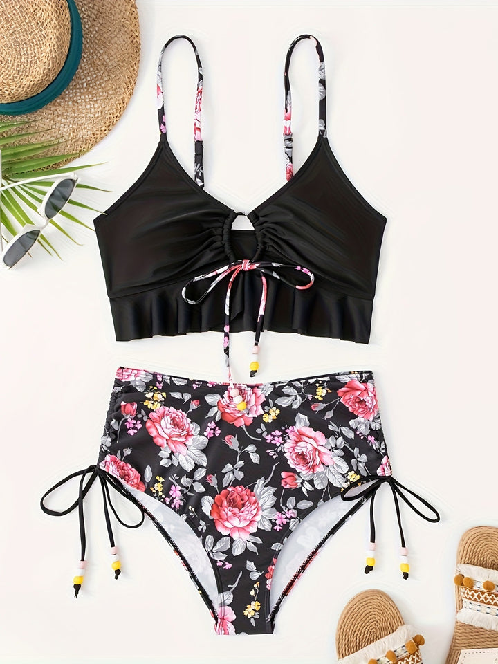 Damen Bikini-Set mit verspieltem Blumenmuster und seitlichem Bindeband Drune