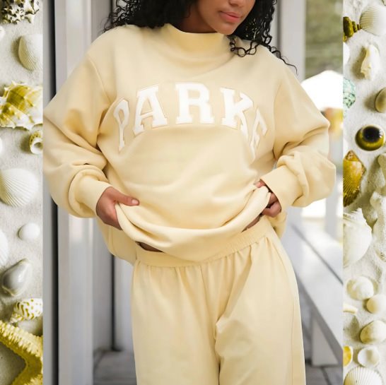 Damen Gemütliches Freizeit-Set mit Oversize kurz geschnittenem Sweatshirt und elastischen Baumwoll-Shorts Drune