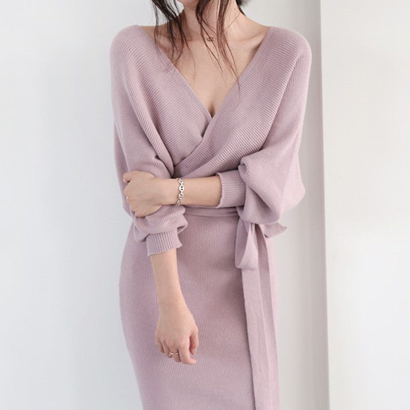 Damen Strickkleid mit Wickeloptik und knöpfbarem Gürtel Drune