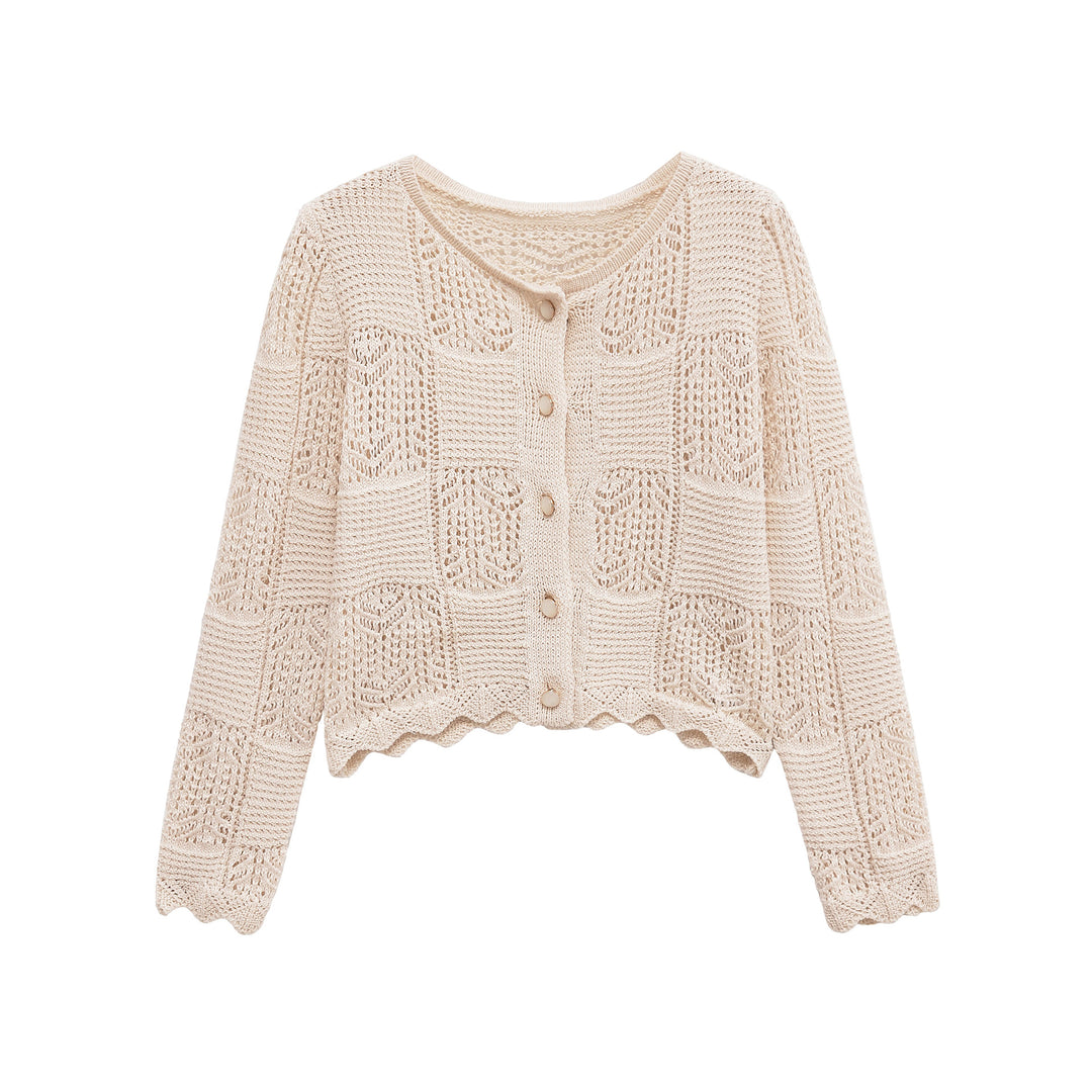 Damen Strickjacke mit filigranem Lochmuster und dekorativen Knöpfen Drune