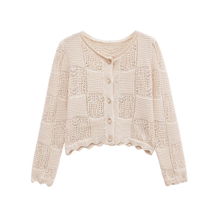 Damen Strickjacke mit filigranem Lochmuster und dekorativen Knöpfen Drune