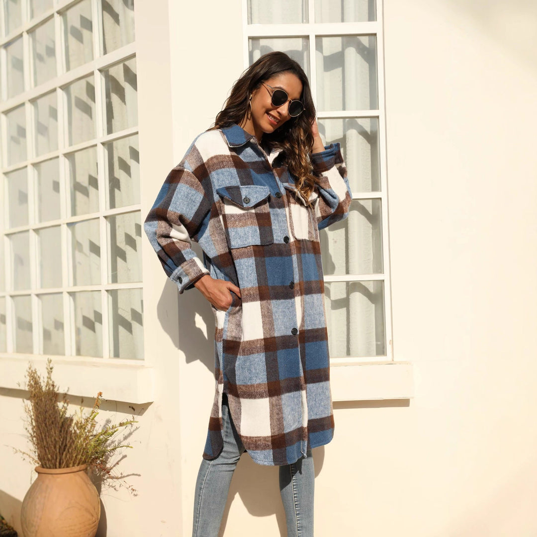Damen Longline-Karo-Hemdjacke mit aufgesetzten Taschen Drune