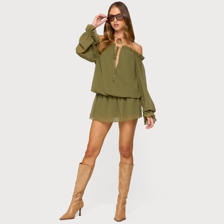 Damen Off-Shoulder Kleid mit voluminösen Puffärmeln und Rüschensaum Drune