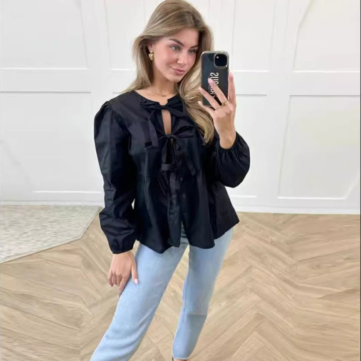 Damen elegante Bluse mit Rüschendetails und Bindeband Drune