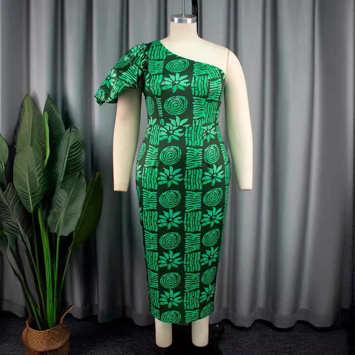 Damen asymmetrisches Maxi-Kleid mit einzigartigem Muster und voluminösem Puffärmel Drune