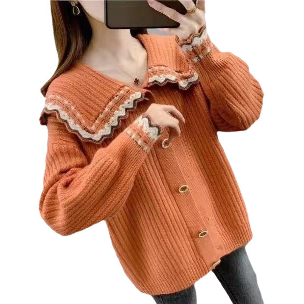 Damen Strickjacke mit dekorativem Kragen und großen Knöpfen Drune
