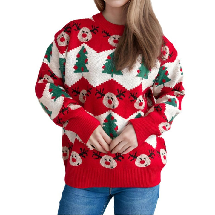 Damen Weihnachtspullover mit festlichem Rentier- und Weihnachtsbaum-Motiv Drune