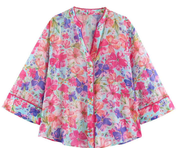 Damen Oversize‑Bluse mit leuchtendem Blumenprint, kastiger Silhouette und dreiviertelärmeln Drune