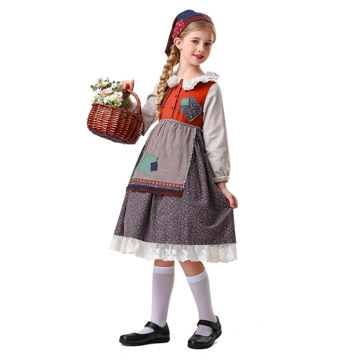 Damen nan vintageinspiriertes Rüschenkleid mit abnehmbarer Schürze und Spitzenbesatz Drune