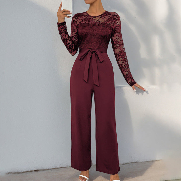 Damen Eleganter Jumpsuit mit Spitzenoberteil und tailliertem Bund Drune