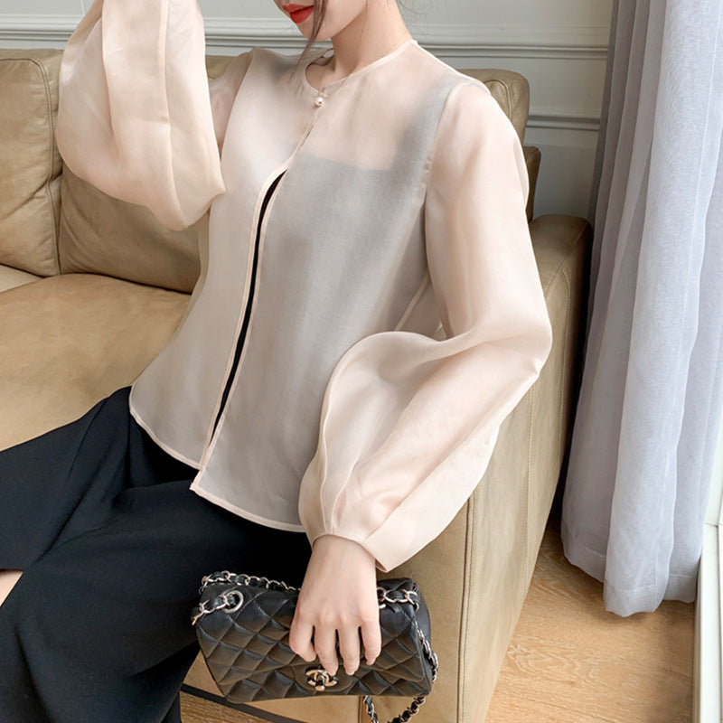 Damen Transparente Bluse mit Puffärmeln Drune
