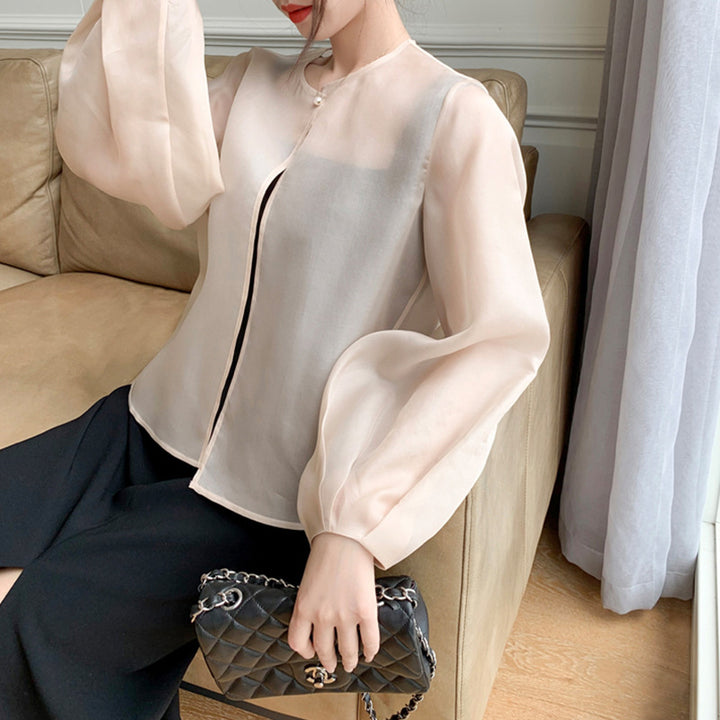 Damen Transparente Bluse mit Puffärmeln Drune