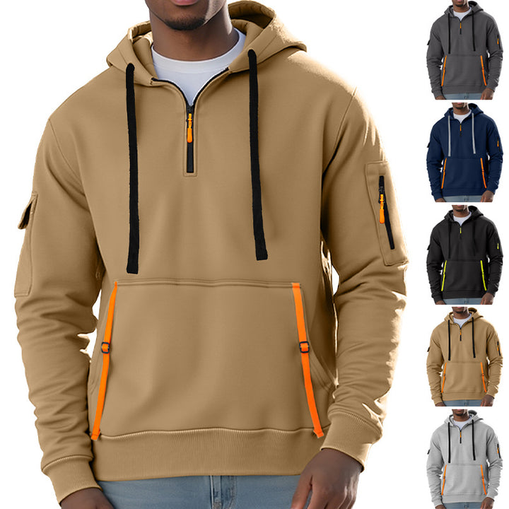 Herren nan urbaner Tech-Kapuzen-Halbzippullover mit Utility-Ärmeltasche, Kängurutasche und verstellbaren Zipper-Bändern Drune