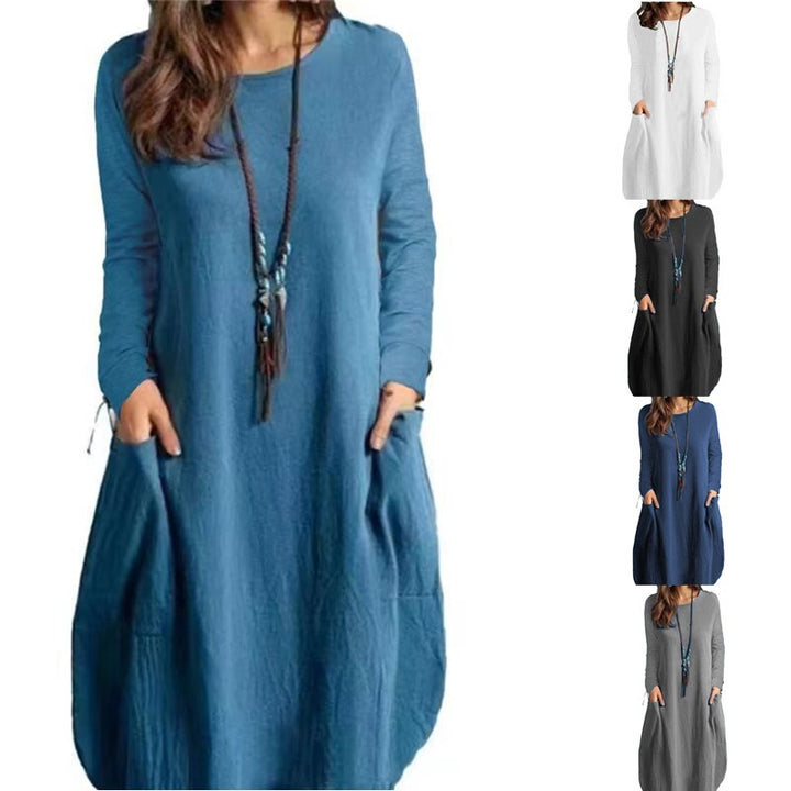 Damen Langes A‑Linien Leinenoptik Kleid mit Eingrifftaschen und Rundhalsausschnitt Drune