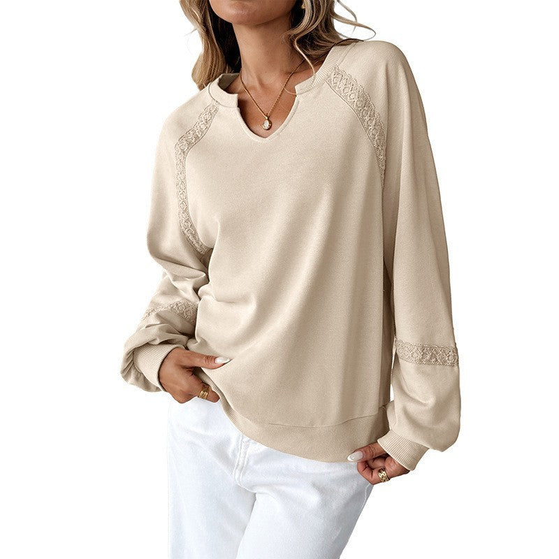 Damen Lässiges Sweatshirt mit V-Notch, Spitzeneinsätzen und Ballonärmeln Drune