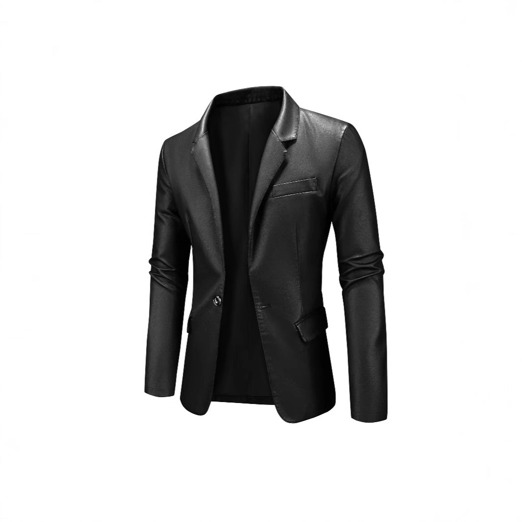 Herren Slim-Fit Ledersakko mit Ein-Knopf, klassischem Revers und Pattentaschen Drune