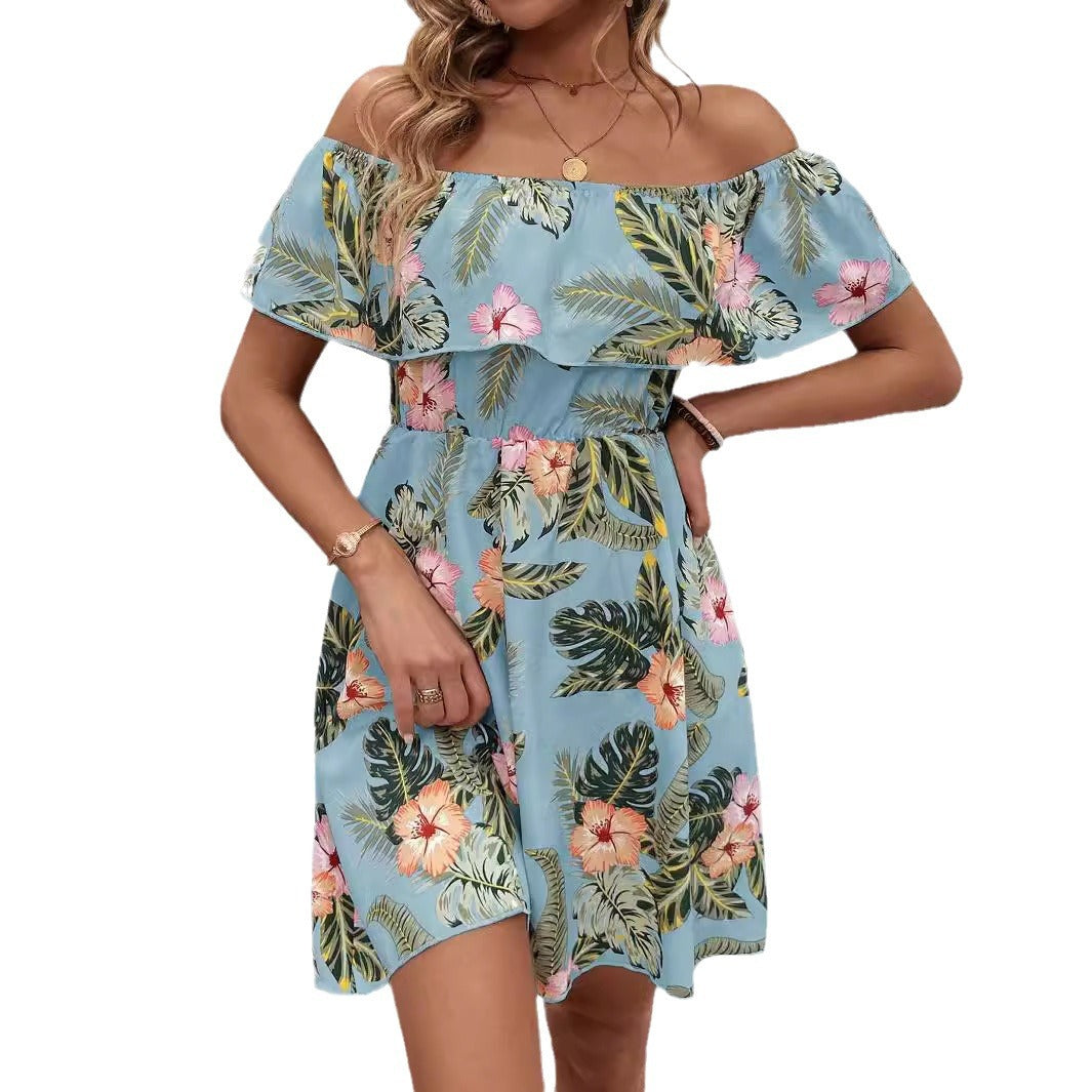 Damen nan schulterfreies Midikleid mit Volantoberteil, elastischer Taillenpartie und ausgestelltem A-Linien-Rock Drune
