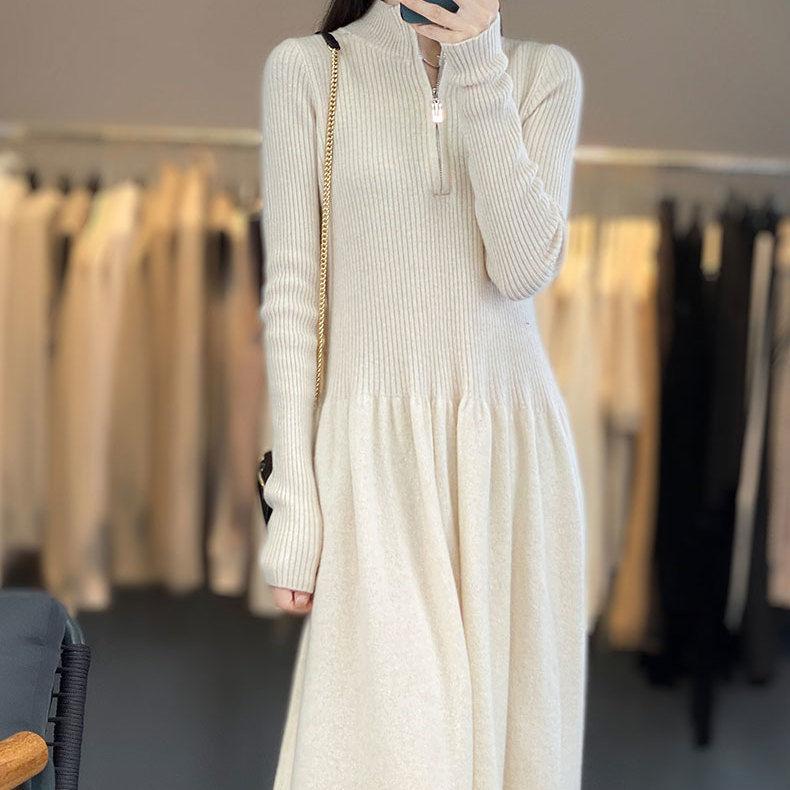 Damen lässiges Strickkleid mit hohem Kragen und Zip-Taschen Drune