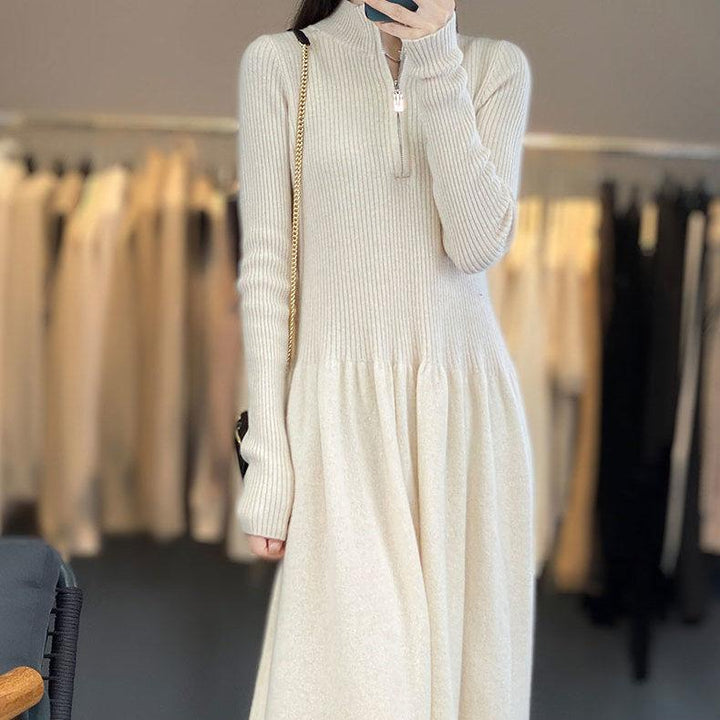 Damen lässiges Strickkleid mit hohem Kragen und Zip-Taschen Drune