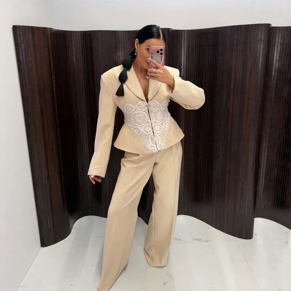 Damen Zweiteiliges Anzugset mit tailliertem Blazer, Spitzen‑Corsage und weiter Palazzohose Drune
