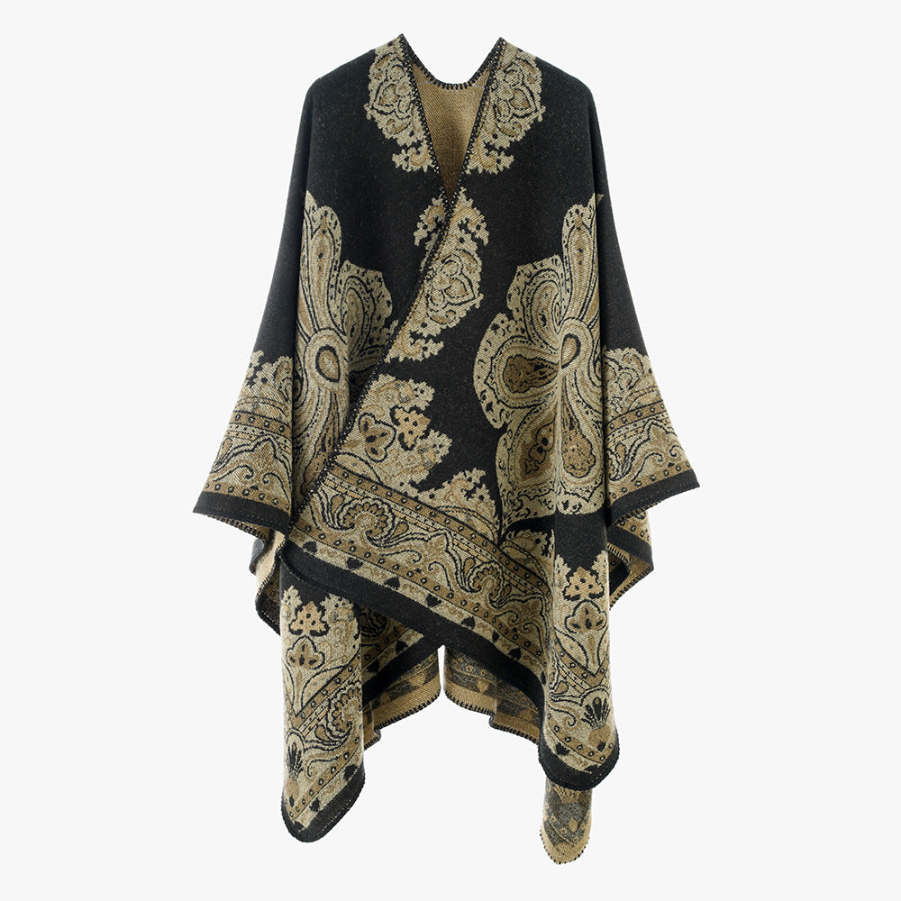 Damen Jacquard Überwurfcape aus feinem Strick mit Paisley-Bordüre Drune