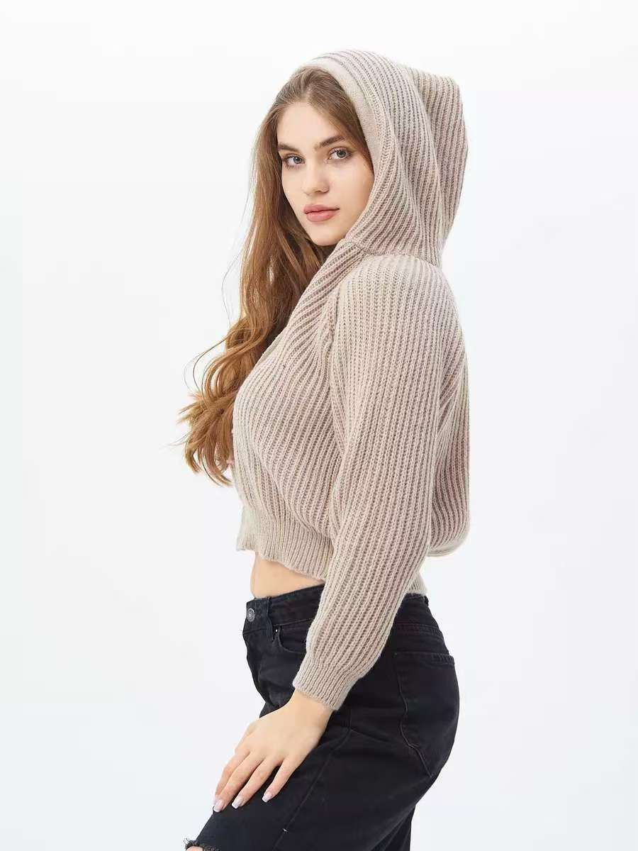 Damen Cropped Hoodie aus weichem Rippstrickmaterial mit praktischen Kordelzügen Drune