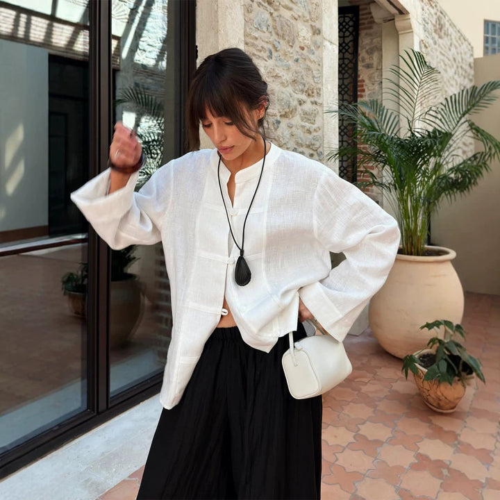 Damen Oversize-Leinenbluse mit Mandarin-Kragen, verdeckter Knopfleiste und dreiviertelärmeln Drune