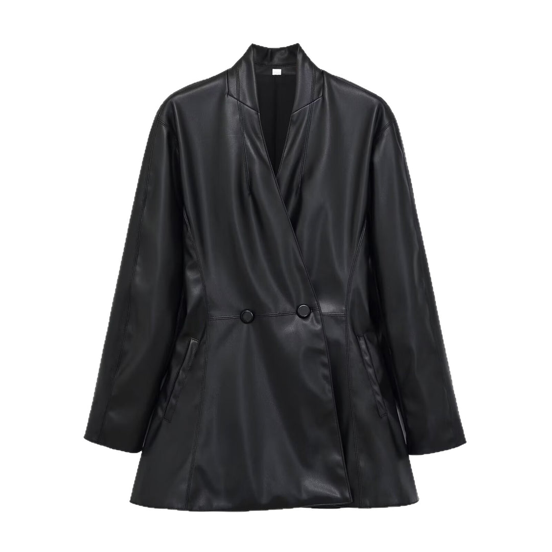 Damen Langer doppeltreihiger Blazer‑Mantel aus veganer Lederoptik mit Schalkragen Drune