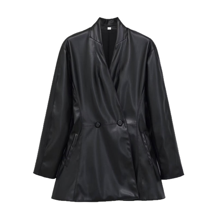 Damen Langer doppeltreihiger Blazer‑Mantel aus veganer Lederoptik mit Schalkragen Drune